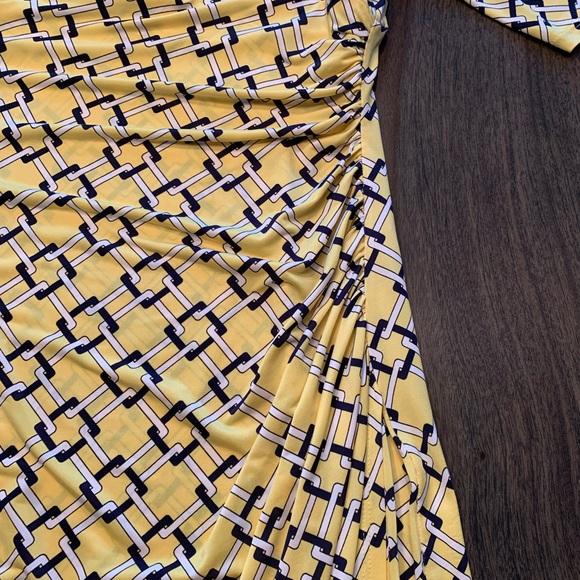 Lauren Ralph Lauren Dress Size 10 Faux Wrap Cinched Side Yellow Squares Midi - Picture 7 of 13